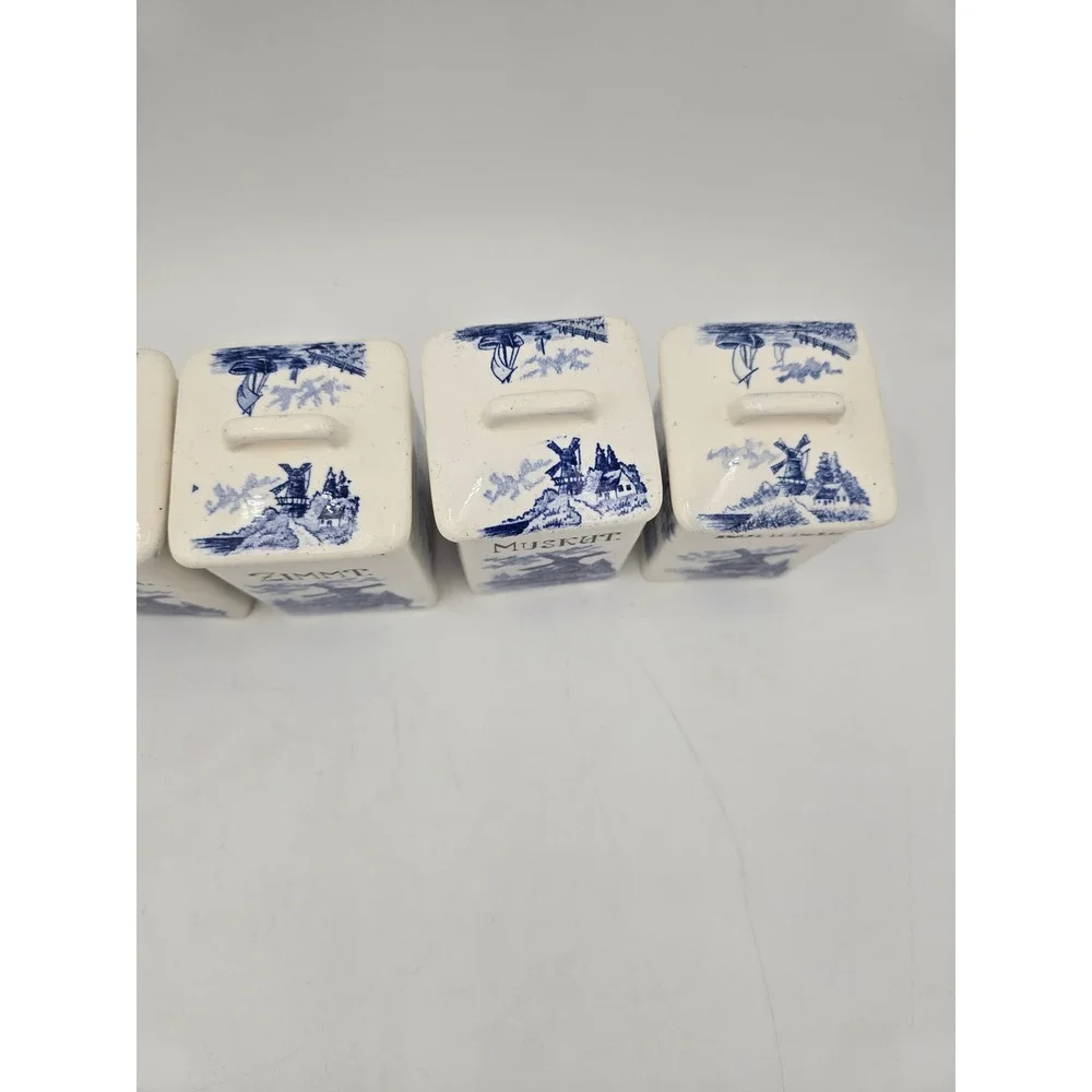 Vintage German Delft Blue Ceramic Spice Canister Set‎ Windmill Sailboat 5pc
